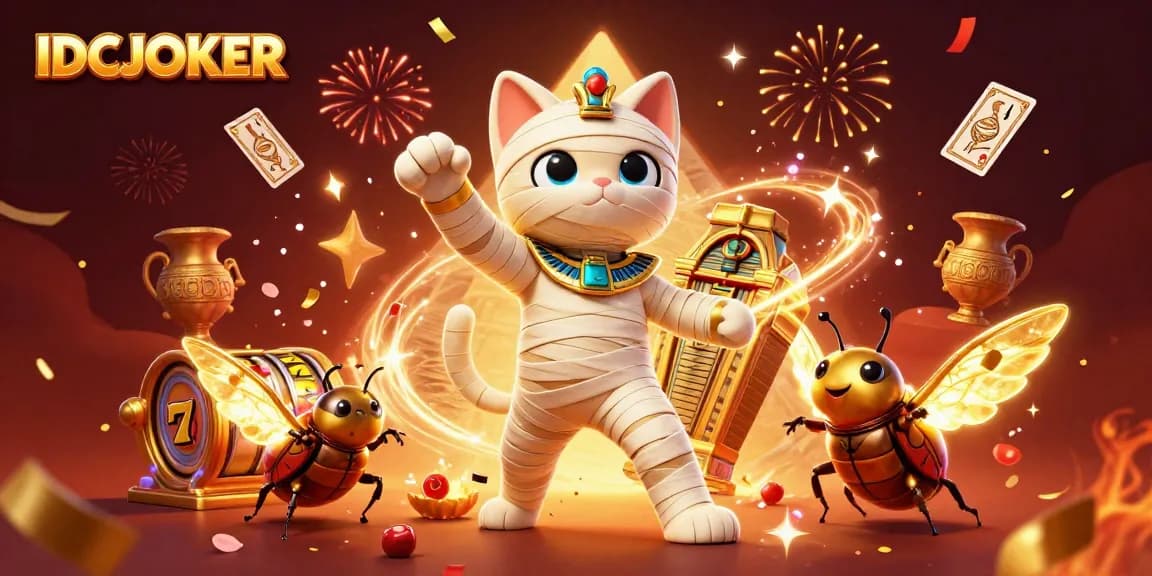 Spin with excitement at IDCJOKER showcasing a golden sarcophagus-themed slot game illustration.