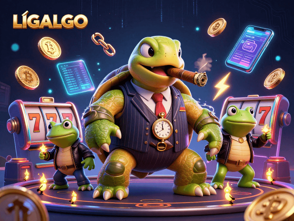 LIGALGO showcases a cartoon turtle in a casino scene, surrounded by slot games and crypto elements.