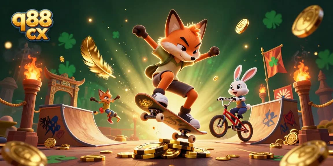 Engage in thrilling gameplay with q88 cx featuring a skateboarder fox over golden poker chips.