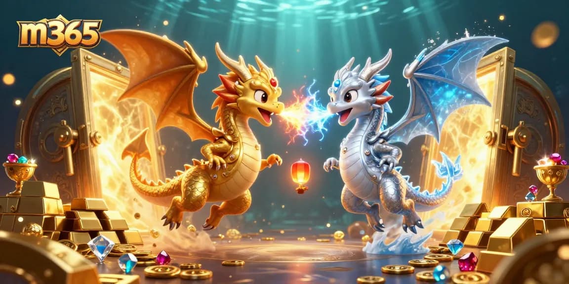 Experience epic m365 gaming action with gold and silver dragons amidst treasure and dramatic effects.