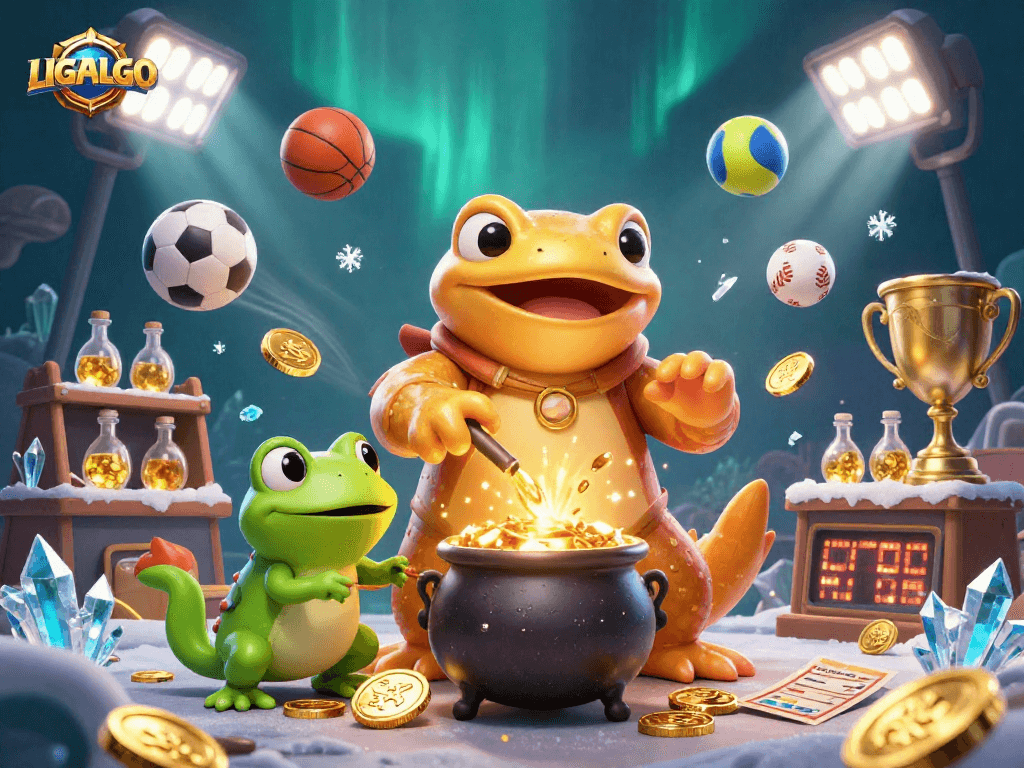 LIGALGO enhances your gaming experience with an alchemist transforming metals into gold coins amid dynamic sports betting elements.