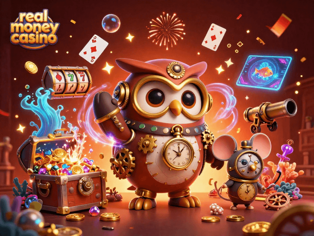 Experience the excitement of real money casino with vibrant characters in a dynamic casino-themed scene.