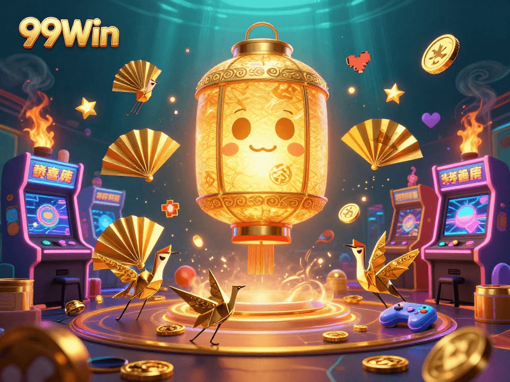Experience the thrill of 99Win with colorful 3D characters and arcade elements in a vibrant casino scene.