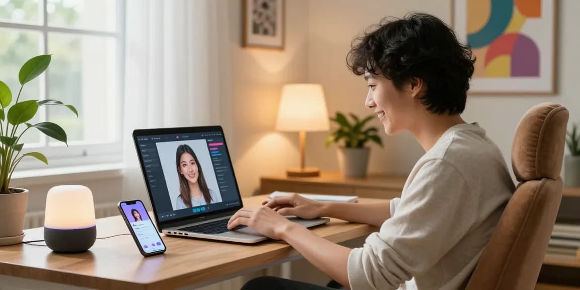 Person interacting with ai gf app in a cozy office setting, showcasing modern digital romance.