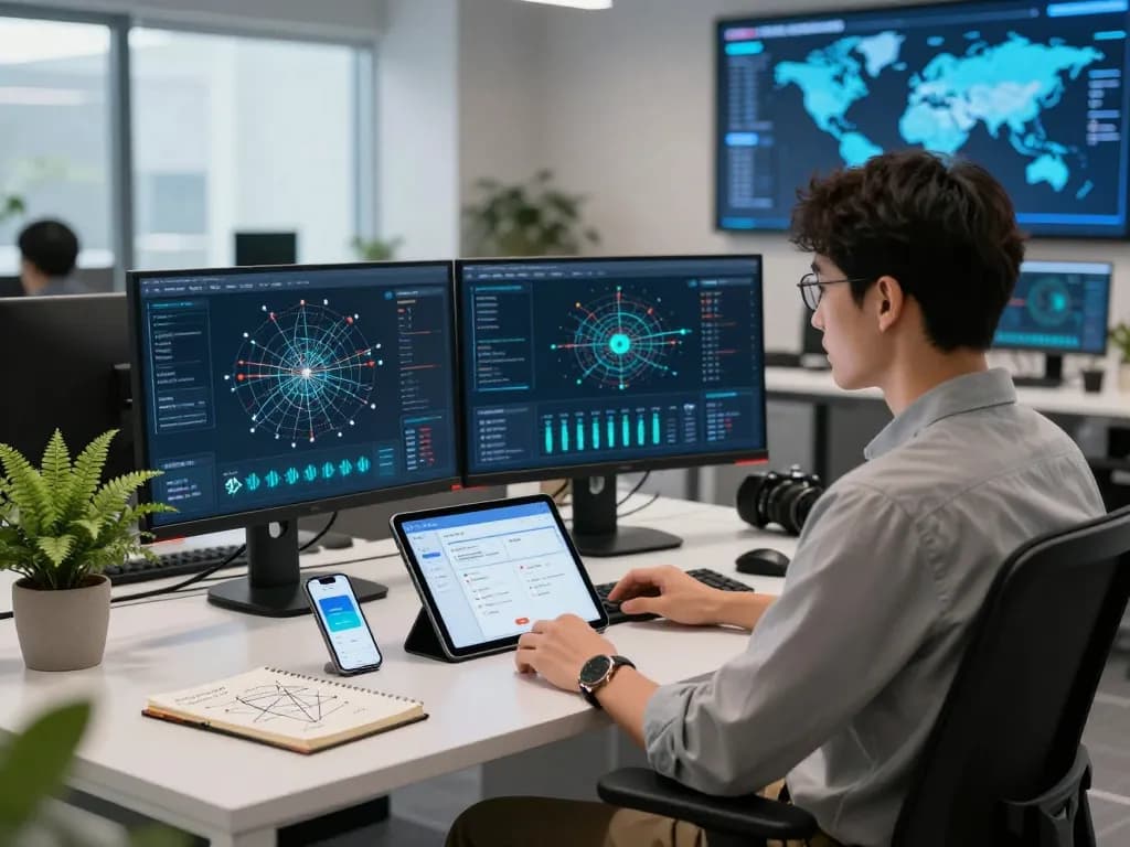 快连 network optimization scene showcasing advanced tech features in a digital workspace.