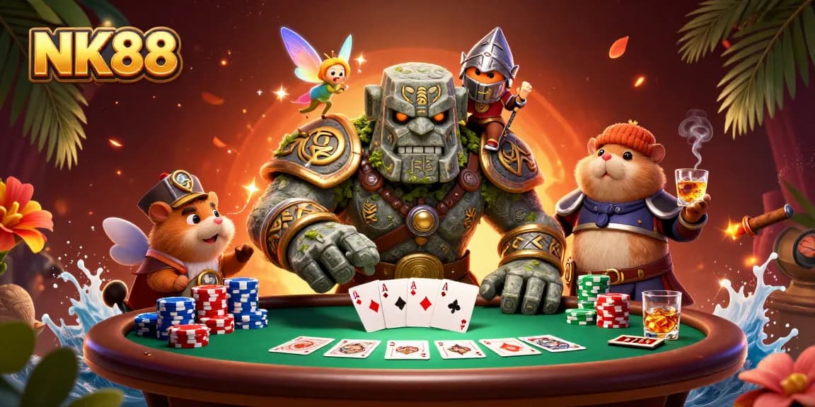 Experience the thrill of NK88 with an enchanting 3D casino scene featuring a golem, fairy, and hamster knight.