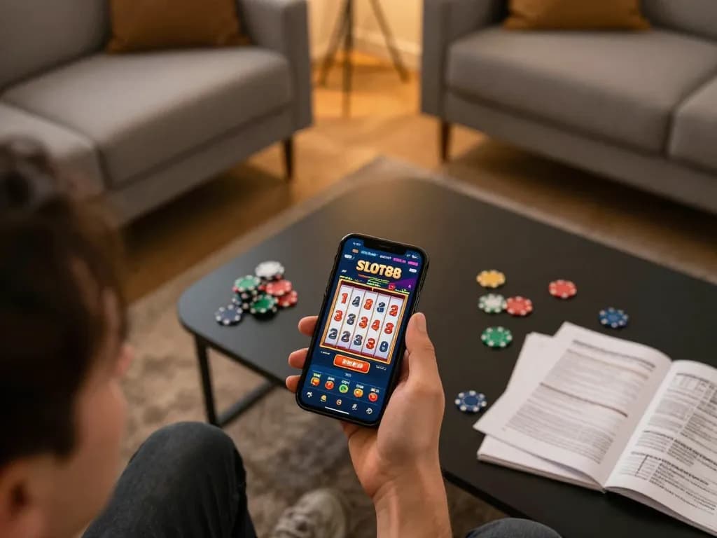 SLOT88 online gaming session showcasing a smartphone slot app with cozy home atmosphere and strategy notes