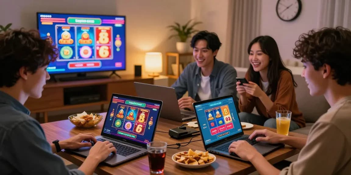 Exciting players engaging with Togel88 Online in a cozy living room, celebrating wins and checking results.