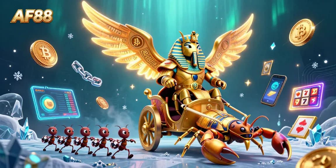 Engage with AF88's thrilling gaming experience featuring a colossal golden scarab in an exciting casino atmosphere.