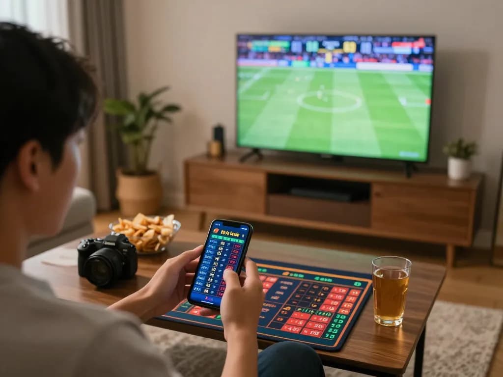 Placing bets using tỷ lệ kèo nhà cái while watching live sports at home.
