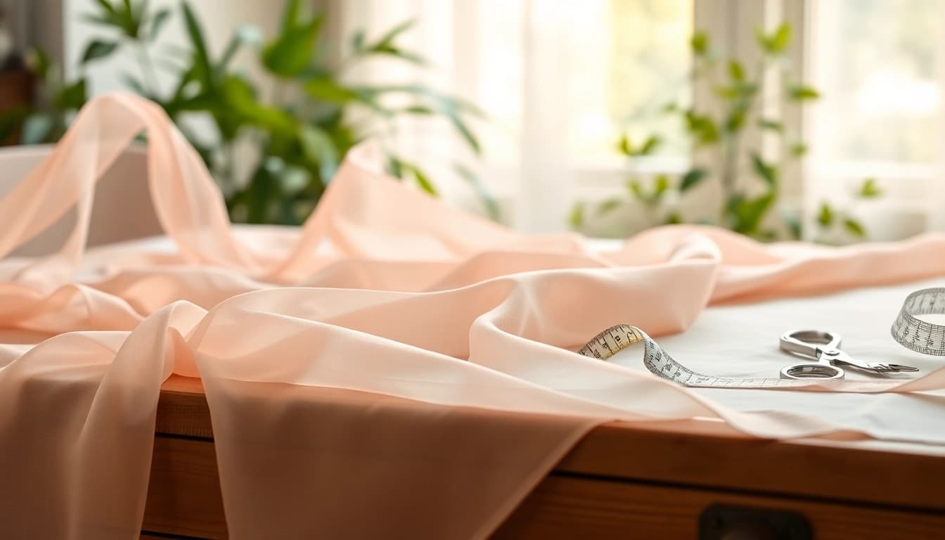 Chiffon stof in zachte pastelkleuren op een houten tafel, met delicate textuur en een creatieve sfeer.