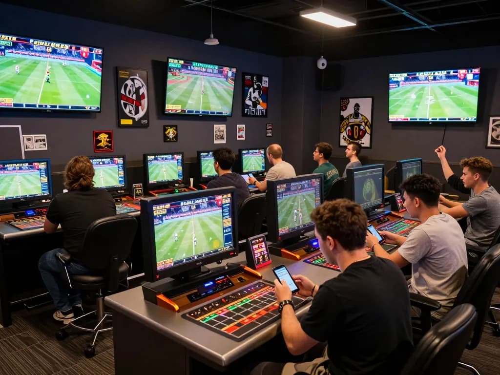Fans placing live bets at RR88's exciting sports betting lounge