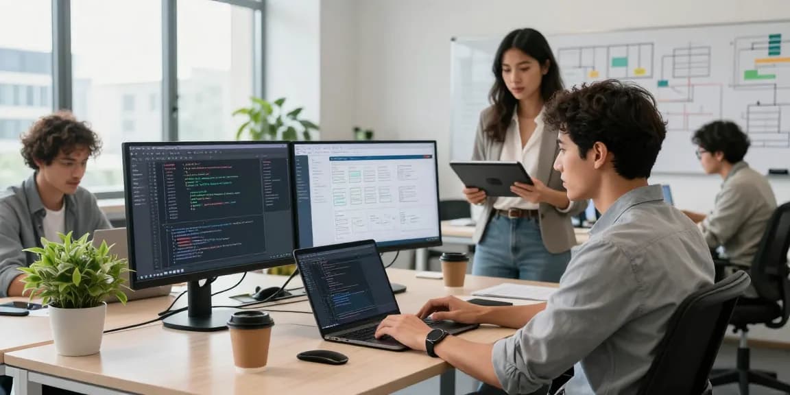 Web development agency Malaysia team collaborating in a modern office with coding displays and design tools.