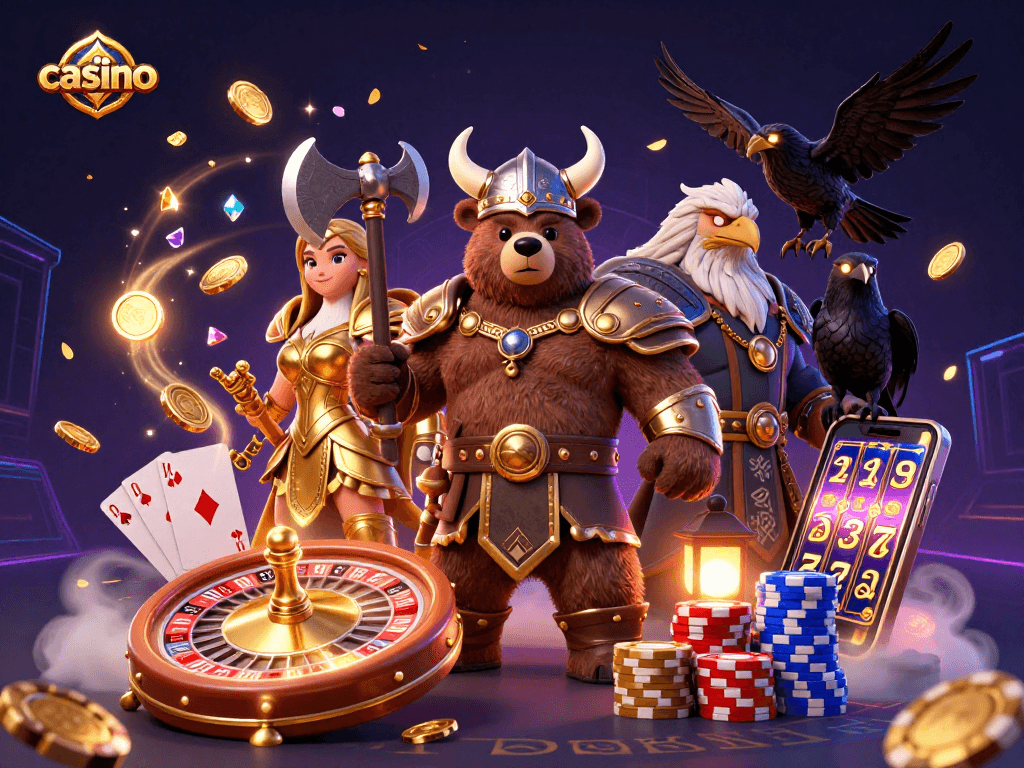 Engaging casino illustration with a Viking bear and themed games, showcasing winning action and excitement.
