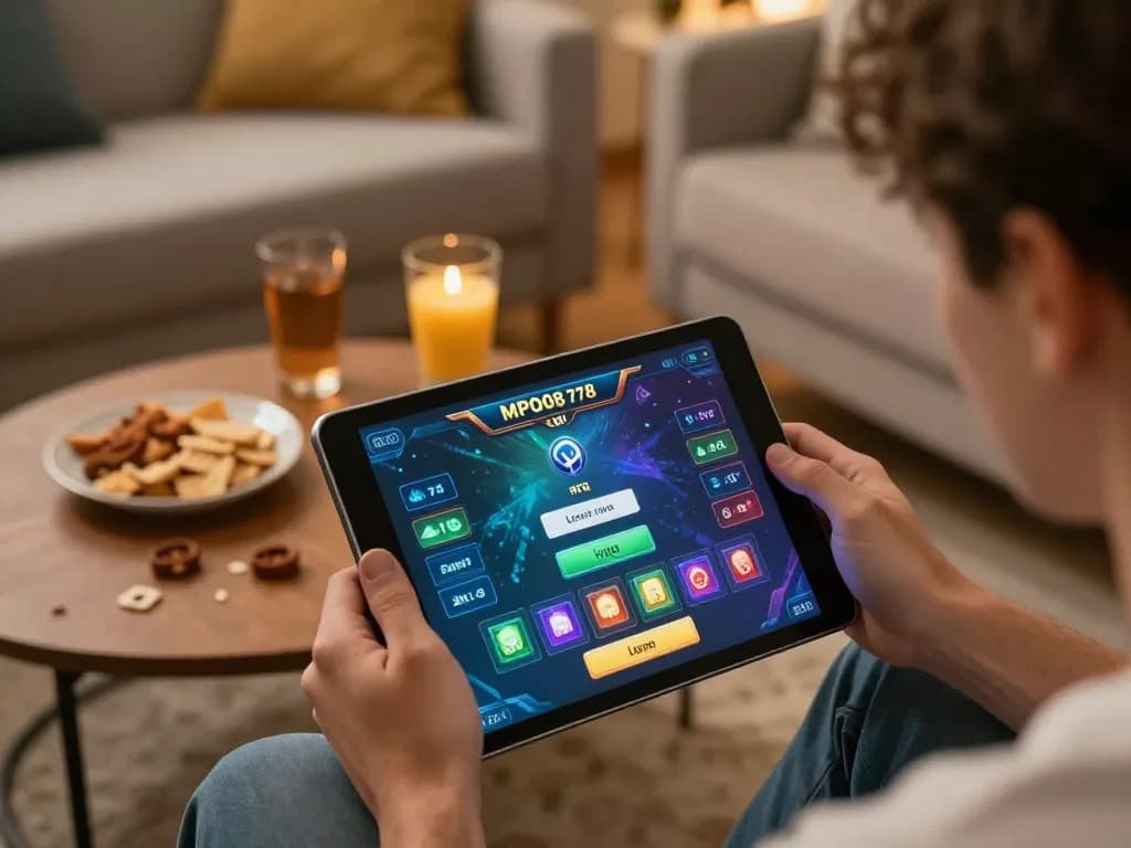 MPO08 Login 778 interface showcased on tablet during an engaging online gaming session in a cozy home atmosphere.