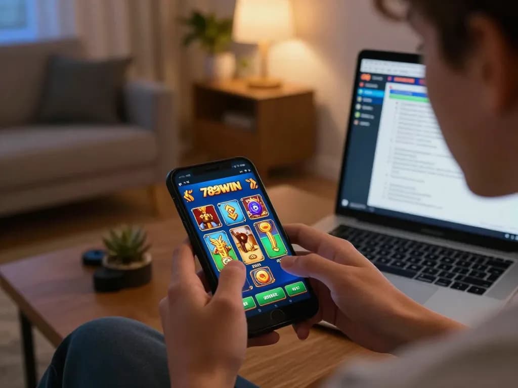Engaged player using 789WIN mobile app to place bets in a cozy home setting.