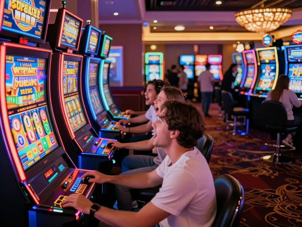 Engaged players at UG DEWA's vibrant slot machine area enjoying thrilling gameplay under neon lights