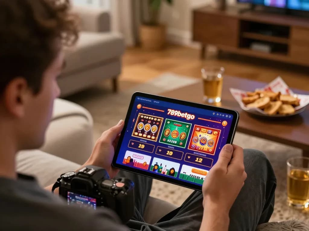 Engaged player exploring the 789betgo app for online casino games in a cozy home setting
