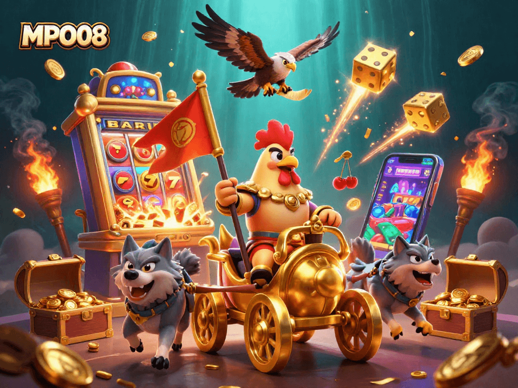 MPO08 offers an exciting gaming experience with a dynamic jackpot scene featuring slot machines and golden elements.