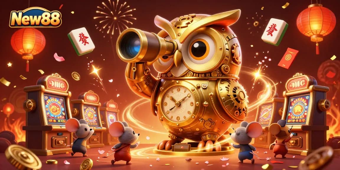 Experience the excitement of New88 with a dynamic casino scene featuring a golden owl and whimsical patrons.