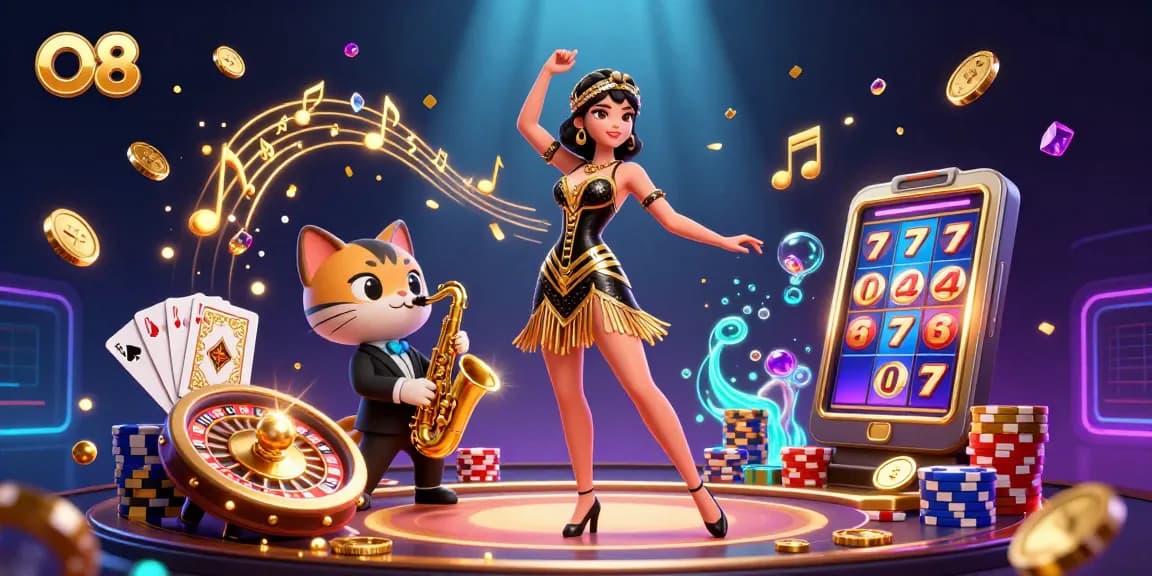 Experience thrilling online gaming with O8, featuring vibrant characters amidst cascading coins and slot machines.