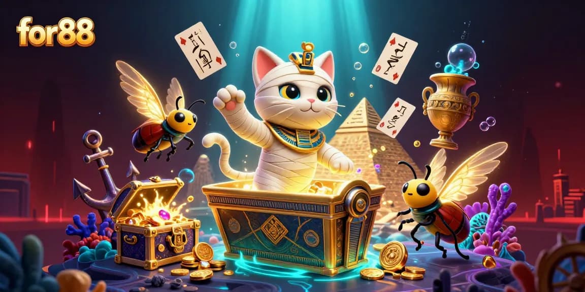 Experience the thrill of for88 with a lively scene featuring 3D Egyptian characters, vibrant treasures, and casino elements.