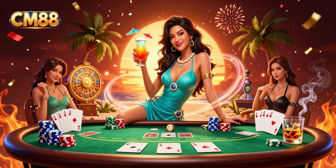 Experience vibrant gaming action with CM88 at a lively beach casino setting, showcasing a glamorous player.