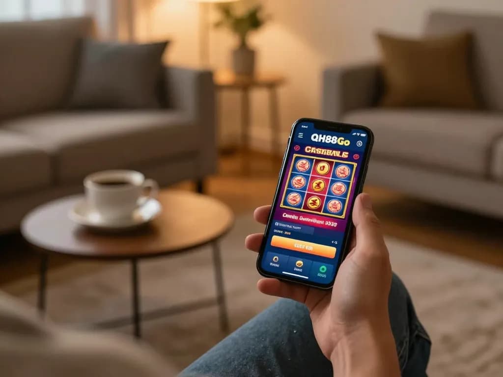 Engaging with the QH88Go casino app for strategic gameplay in a cozy living room setting.