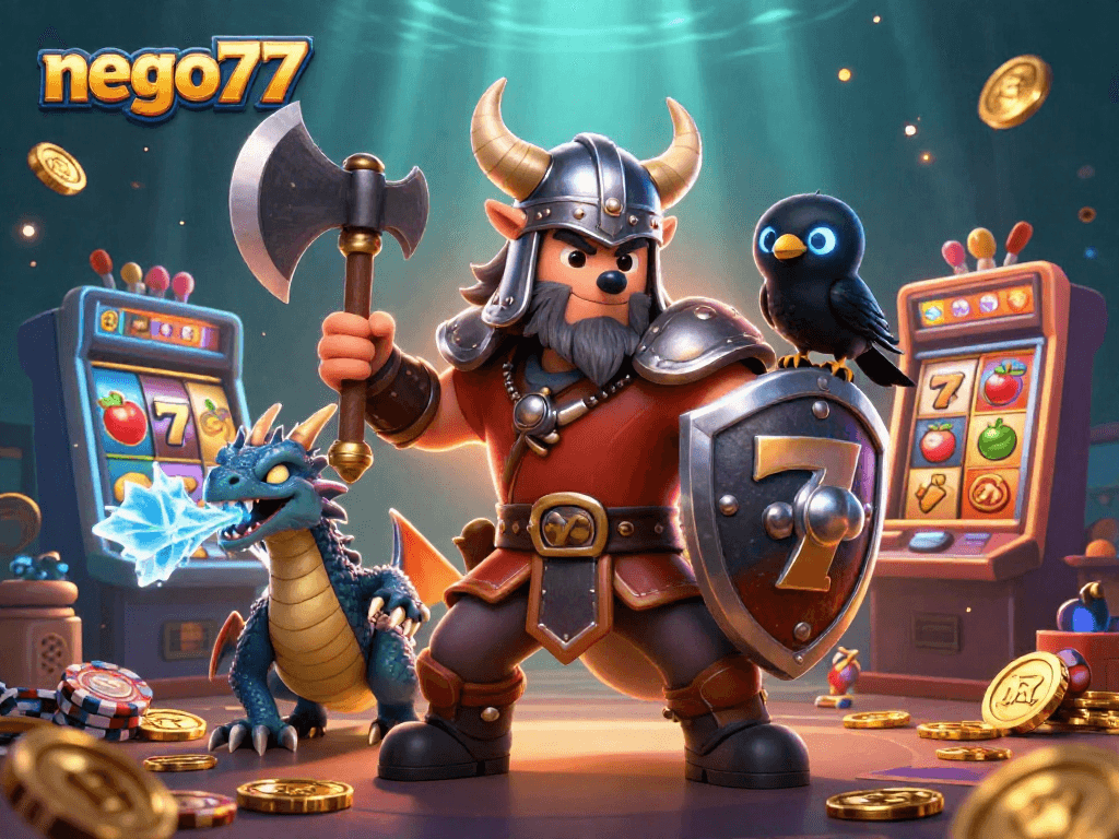 Experience the thrilling world of gambling with nego77 featuring slot reels and a dynamic Viking warrior scene.