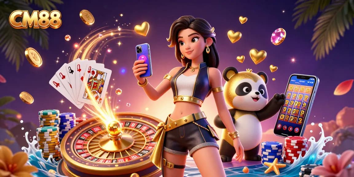 CM88 showcases an Asian woman enjoying a casino game amidst golden coins, vibrant poker chips, and a playful panda.