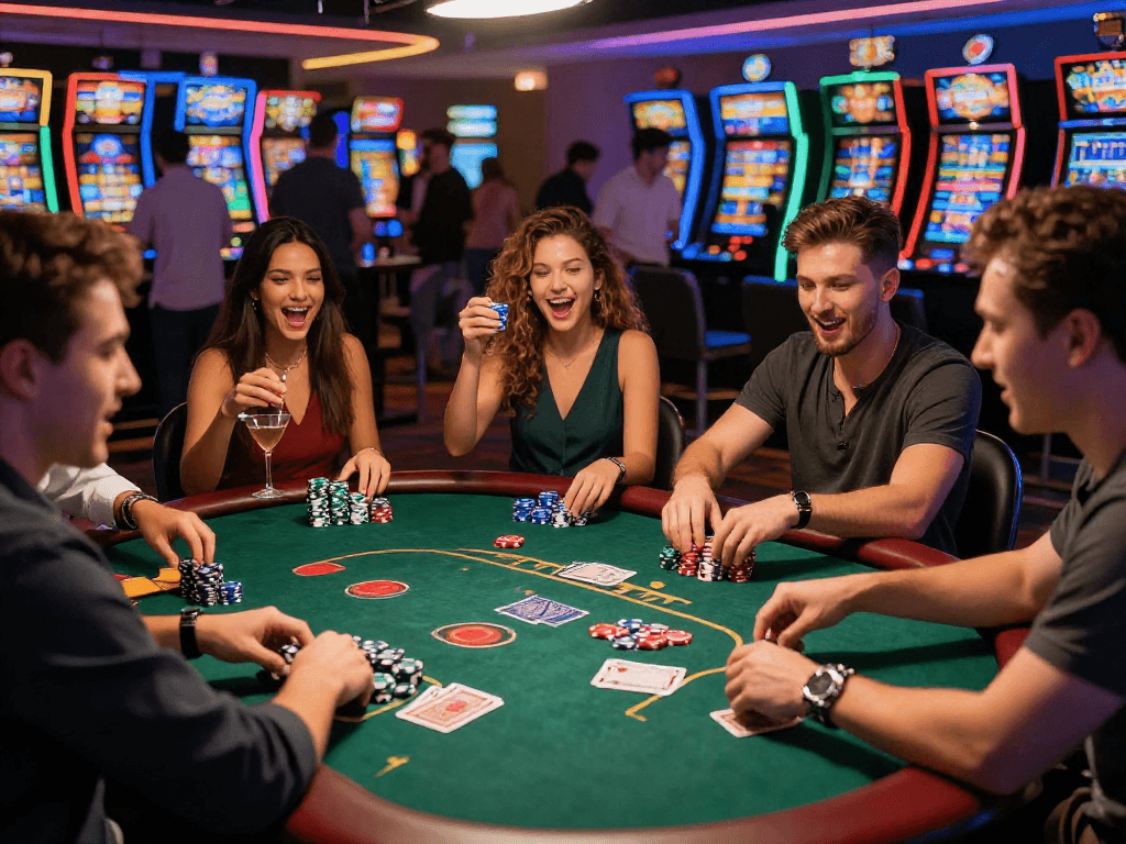 Friends celebrating at an oxbet poker table in a lively casino atmosphere.
