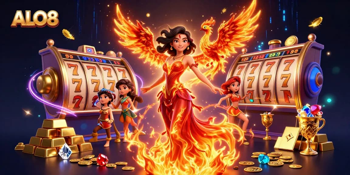 Spin the reels and win big with ALO8 - vibrant illustration depicting a dynamic casino scene.