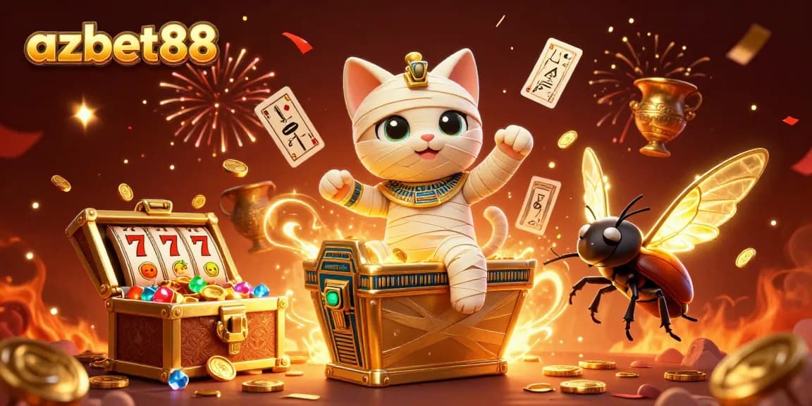 Experience the thrill of azbet88 with a vibrant 3D mummy cat illustration bursting from a jackpot treasure!