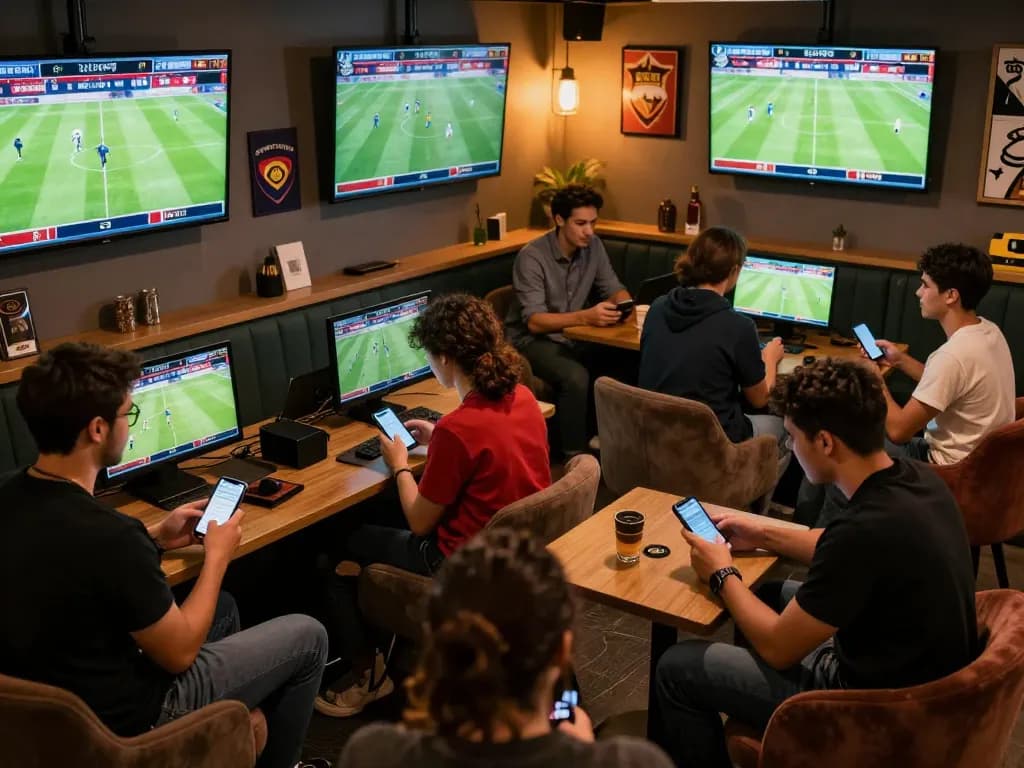 Kèo nhà cái updates showcased as enthusiasts analyze sports betting odds in a lively lounge atmosphere.