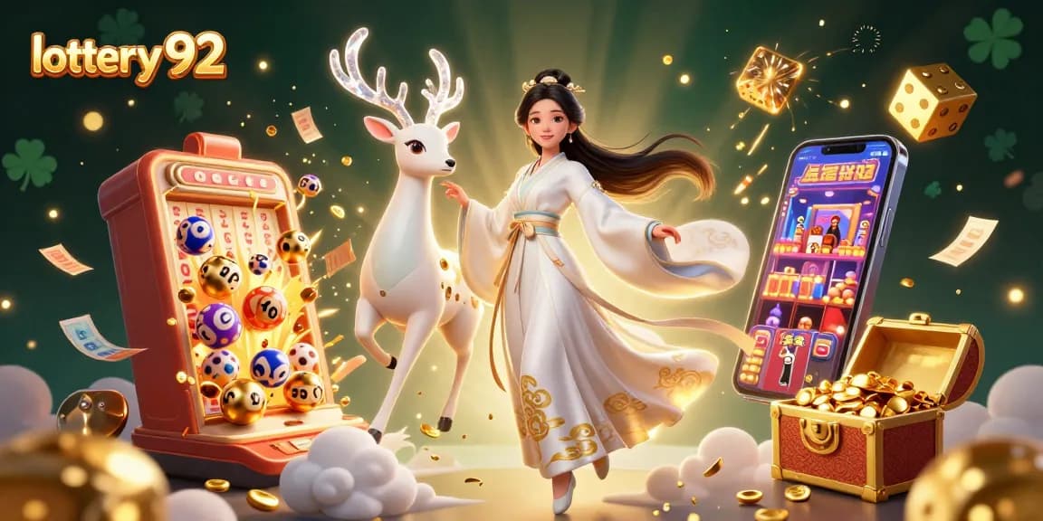 Engage with lottery 92 as vibrant characters celebrate a jackpot, surrounded by colorful elements and winning tickets.