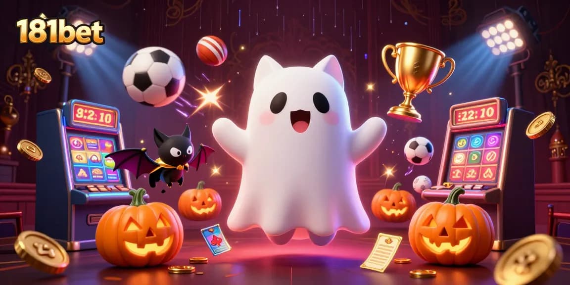 Experience thrilling gaming at 181bet with a vibrant casino illustration featuring a ghost cat and sports action.