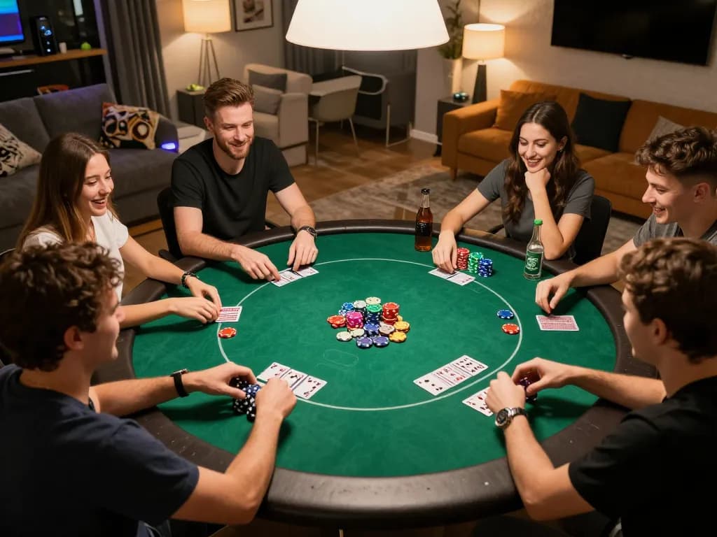 Friends enjoying poker night at home with vegasslot77 branding, showcasing friendly competition and strategic gameplay.