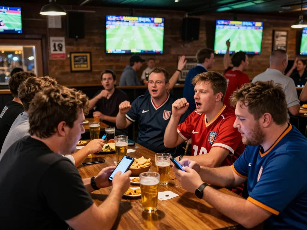 Sports enthusiasts engaging with Keo nha cai 5 while analyzing odds on mobile devices at a lively bar