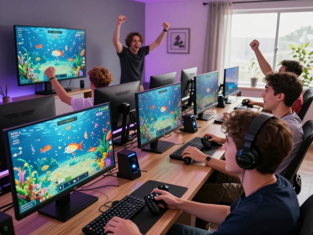 Engaged players enjoying BetVisa fish shooting game in a vibrant gaming atmosphere.