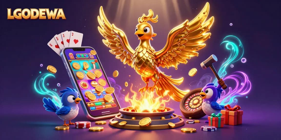 Experience the vibrant world of LGODEWA with a dynamic phoenix and slot game imagery.