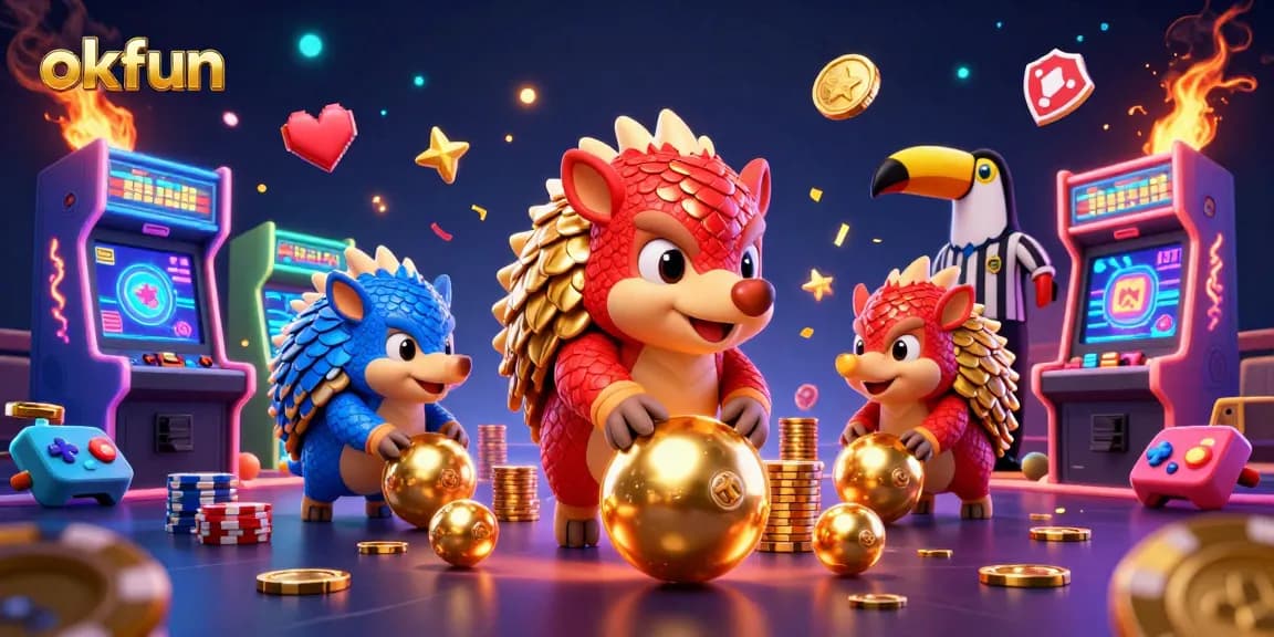 okfun pangolins roll golden balls in a colorful casino game scene with poker chips