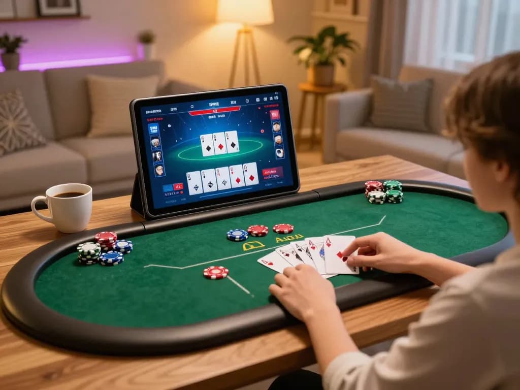 Gambling at home on XX88 tablet, engaging in online poker gameplay.