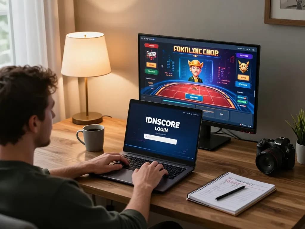 IDNSCORE LOGIN on laptop screen with strategic betting notes beside a player in a cozy home setting