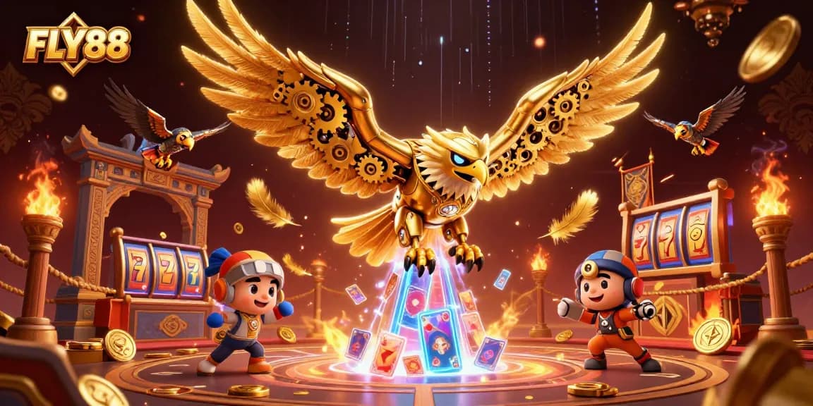 FLY88 highlights thrilling online gaming with dynamic characters, holographic cards, and vibrant casino elements.