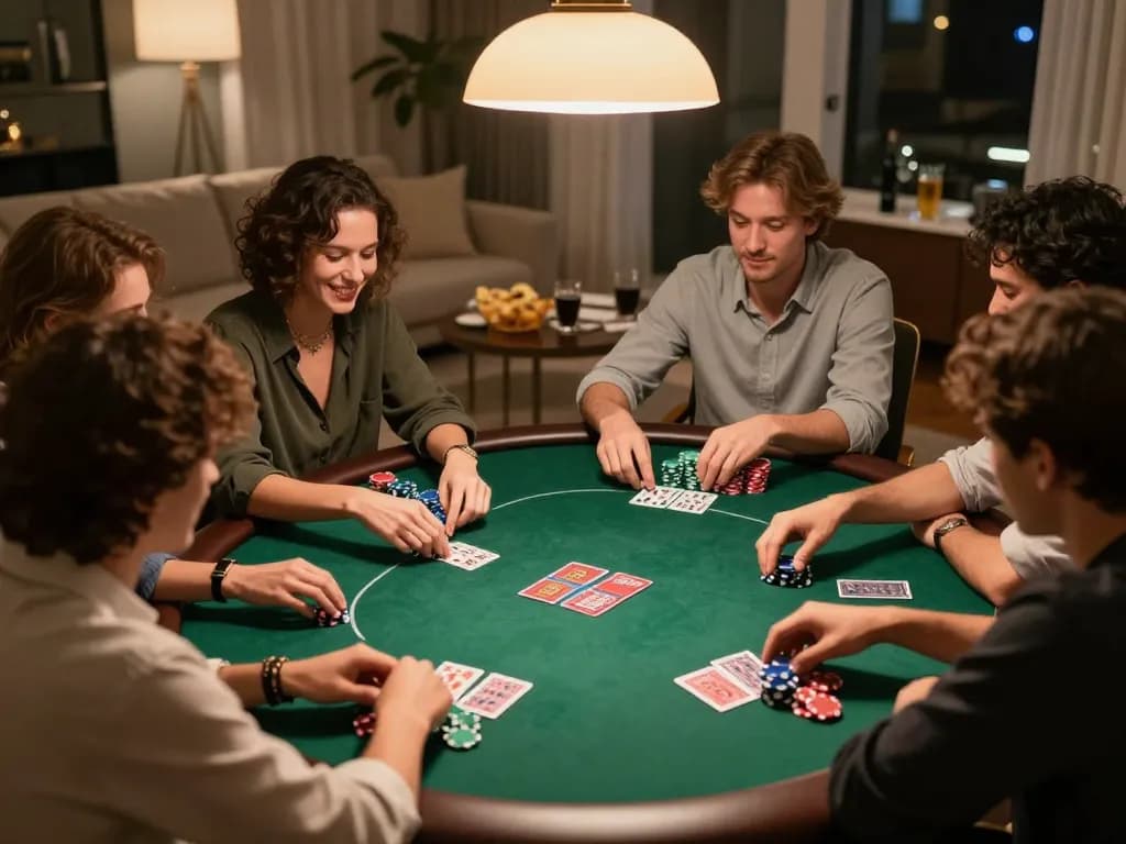 Friends enjoying a poker game at home with vegasslot77 strategies enhancing their gameplay.
