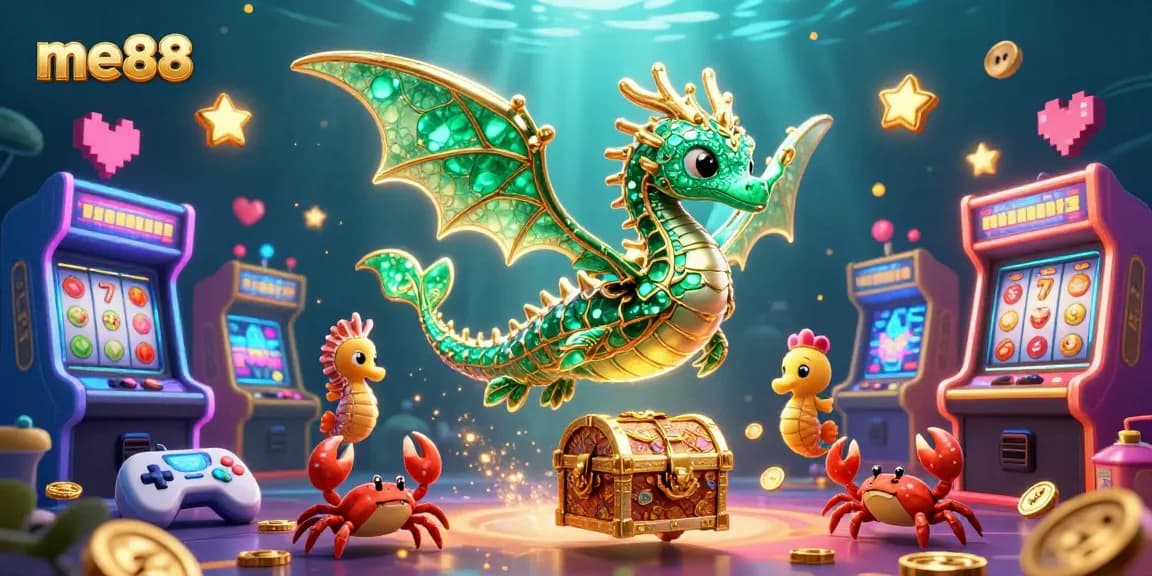 Experience the thrill at me88 with colorful arcade game machines and a vibrant underwater scene