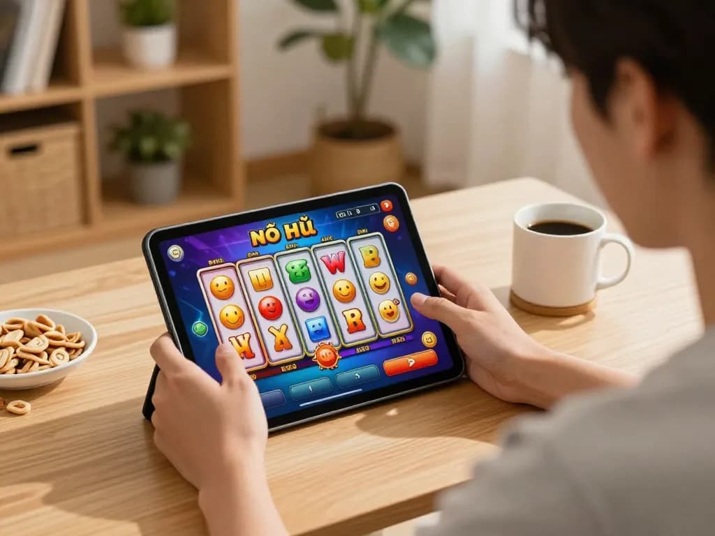 Nổ hũ gaming on tablet in a cozy setting with vibrant reel graphics.