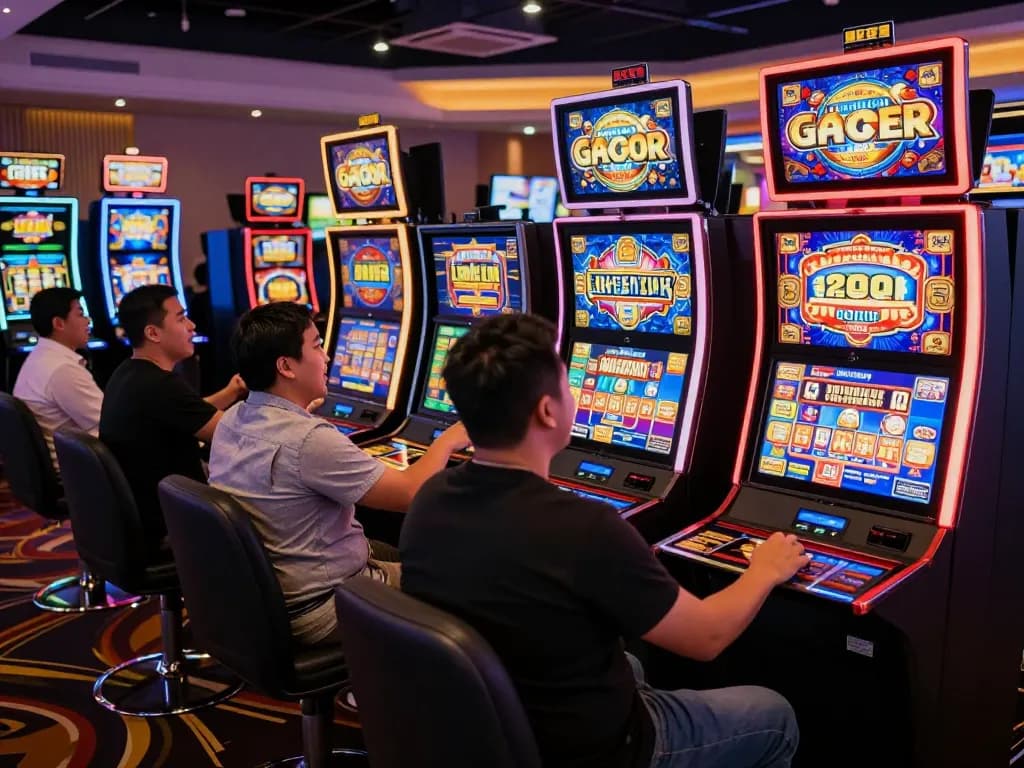 Players cheering at Slot Gacor machines, showcasing vibrant casino atmosphere and excitement.