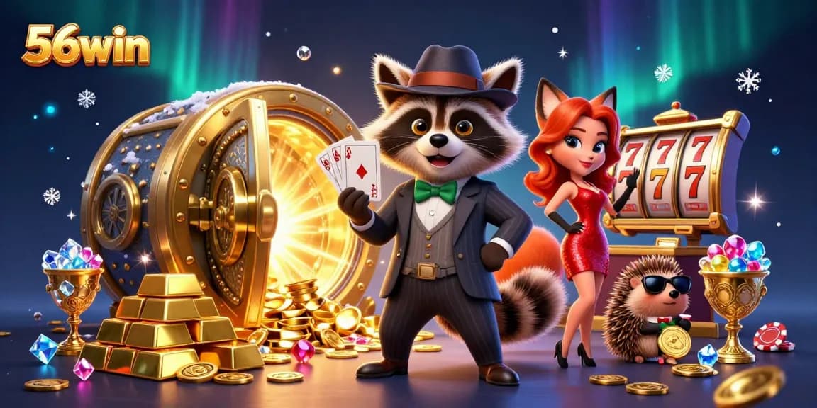 Experience the thrill of 56win with a royal flush and captivating casino characters in a rich 3D scene.
