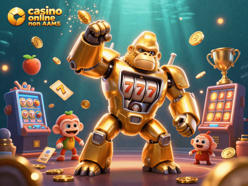Divertiti in un'illustrativa scena di casino online non AAMS con un gorilla mech dorato che sbatte i pugni e gioca con i simboli delle slot.